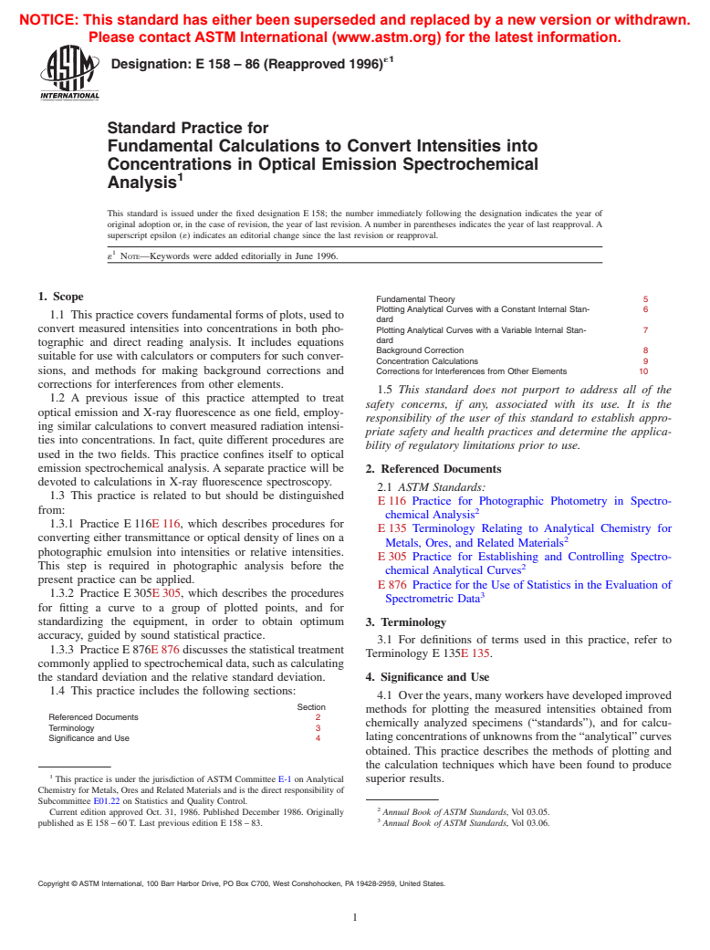 ASTM E158-86(1996)e1 - Standard Practice for Fundamental Calculations to Convert Intensities into Concentrations in Optical Emission Spectrochemical Analysis (Withdrawn 2004)