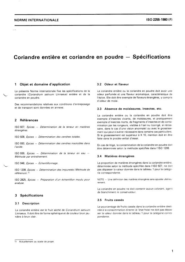 ISO 2255:1980 - Coriandre entiere et coriandre en poudre -- Spécifications