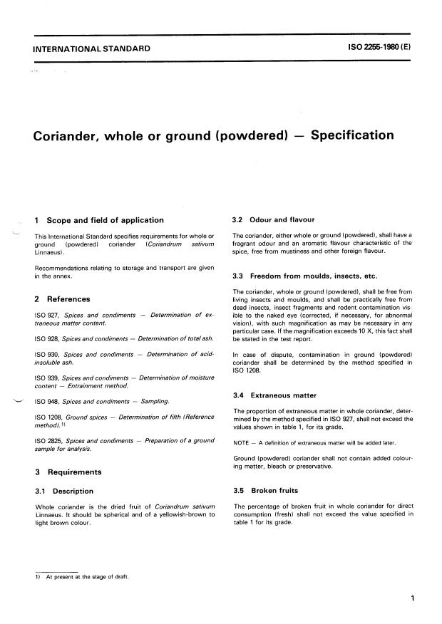 ISO 2255:1980 - Coriander, whole or ground (Powdered) -- Specification