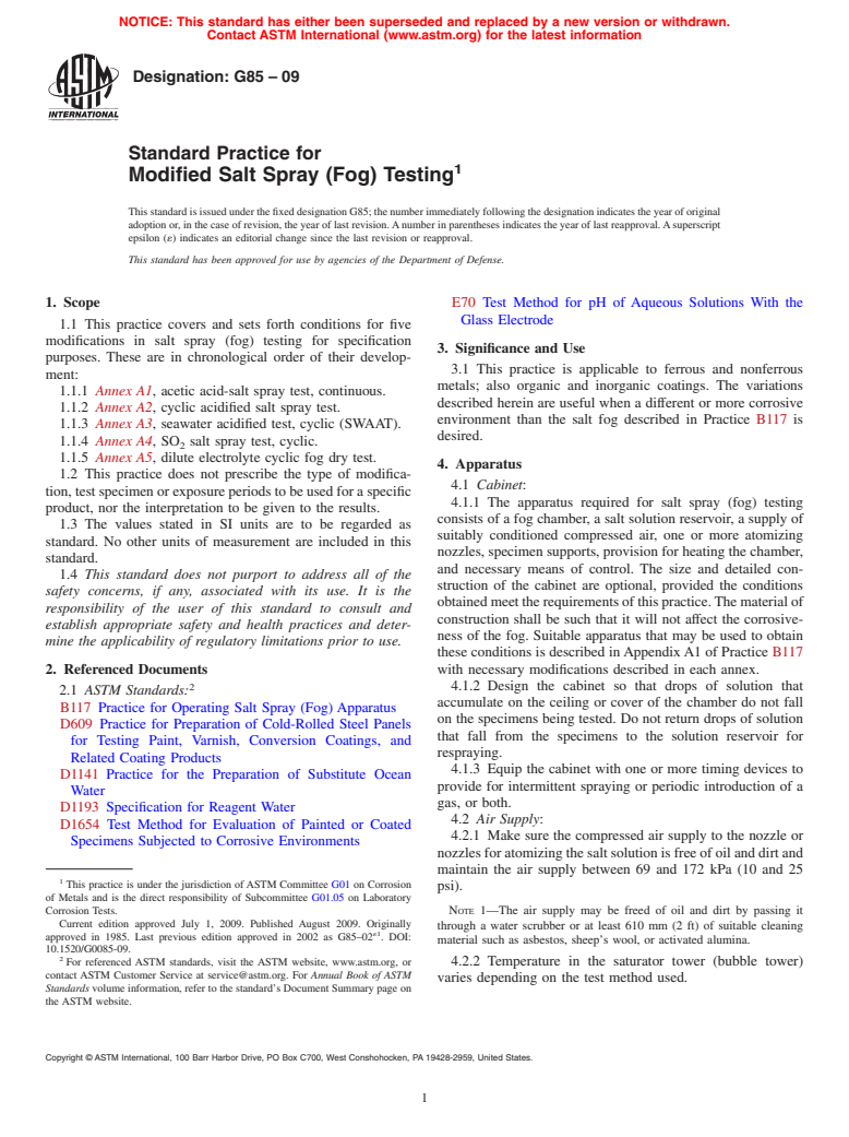 ASTM G85-09 - Standard Practice for Modified Salt Spray (Fog) Testing