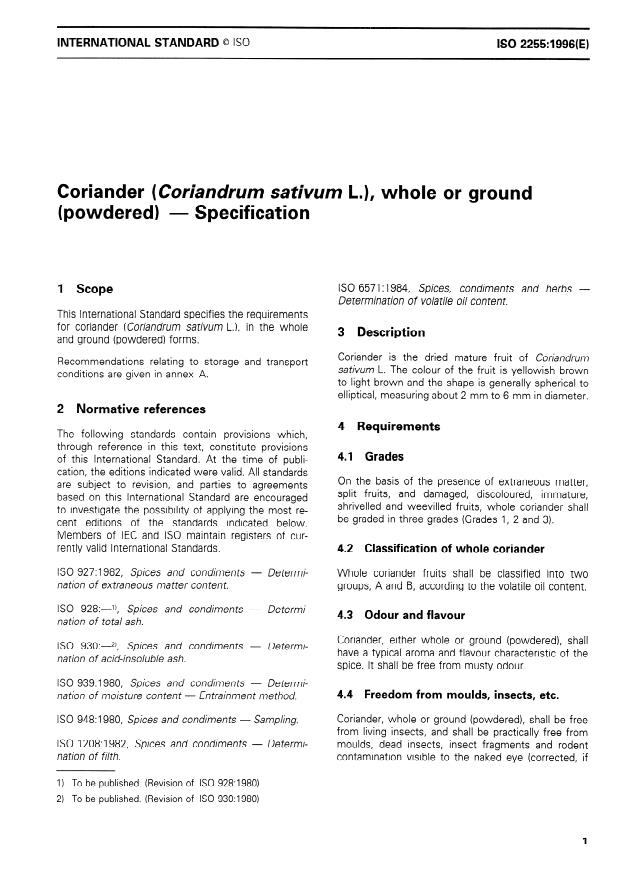 ISO 2255:1996 - Coriander (Coriandrum sativum L.), whole or ground (powdered) -- Specification
