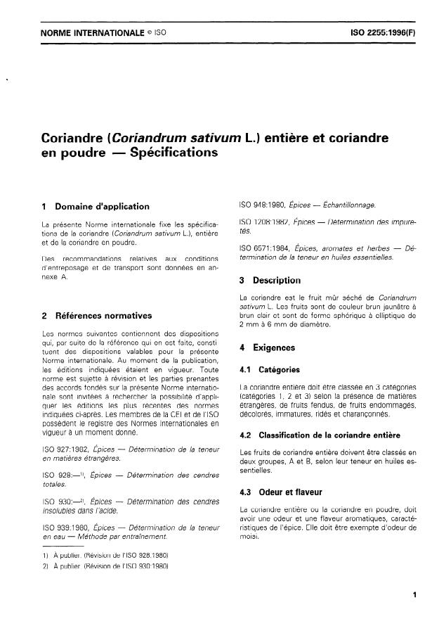 ISO 2255:1996 - Coriandre (Coriandrum sativum L.) entiere et coriandre en poudre -- Spécifications