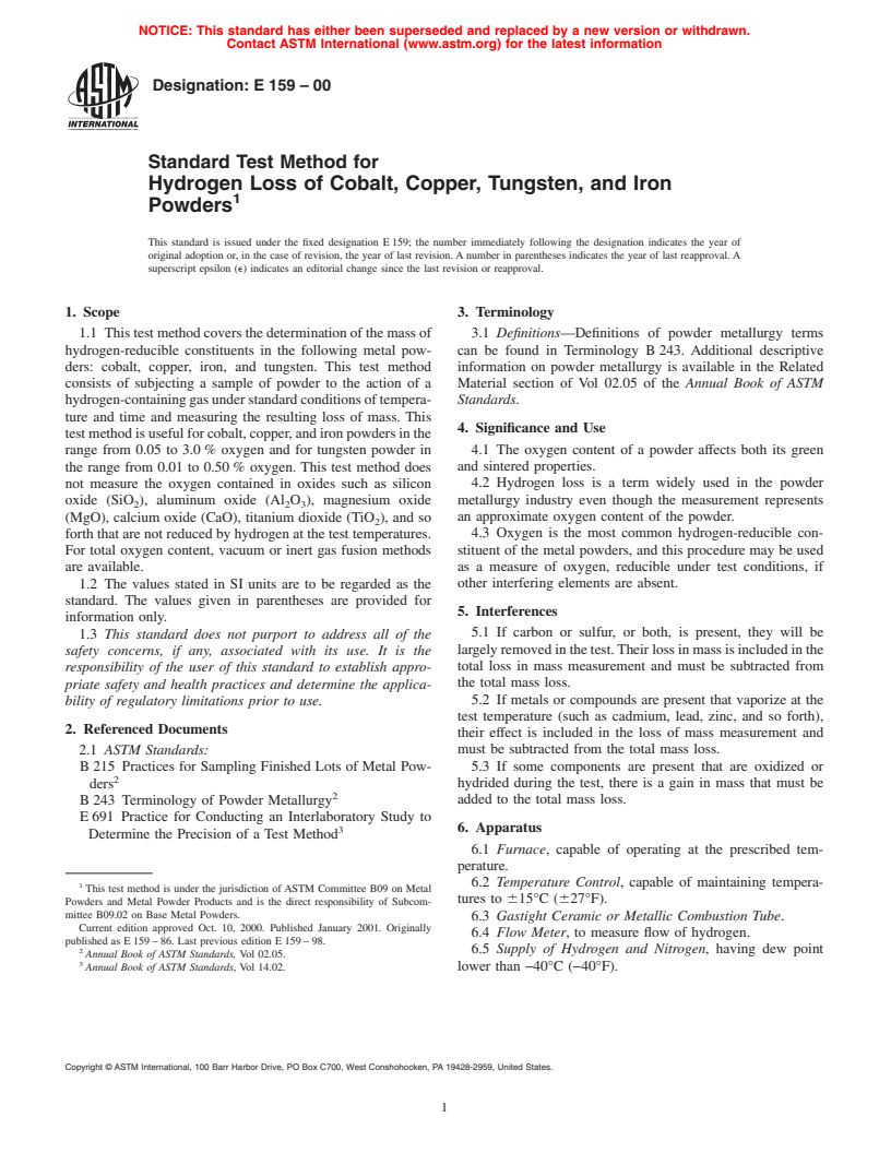 ASTM E159-00 - Standard Test Method for Hydrogen Loss of Cobalt, Copper, Tungsten, and Iron Powders