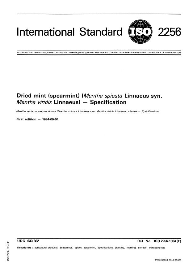ISO 2256:1984 - Dried mint (spearmint) (Mentha spicata Linnaeus syn. Mentha viridis Linnaeus) -- Specification