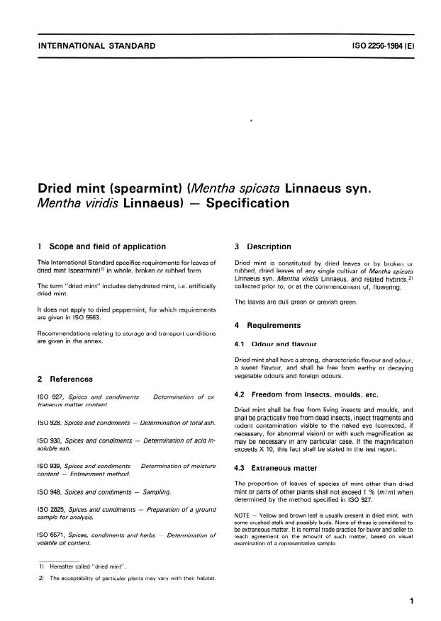 ISO 2256:1984 - Dried mint (spearmint) (Mentha spicata Linnaeus syn. Mentha viridis Linnaeus) -- Specification