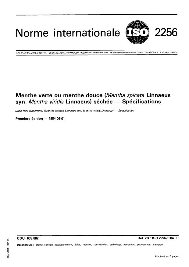 ISO 2256:1984 - Menthe verte ou menthe douce (Mentha spicata Linnaeus syn. Mentha viridis Linnaeus) séchée -- Spécifications