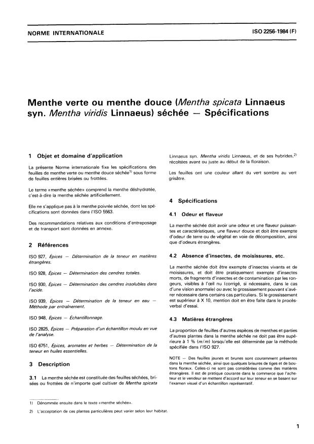 ISO 2256:1984 - Menthe verte ou menthe douce (Mentha spicata Linnaeus syn. Mentha viridis Linnaeus) séchée -- Spécifications