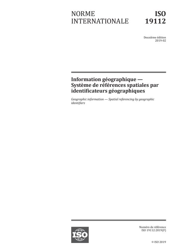ISO 19112:2019 - Information géographique -- Systeme de références spatiales par identificateurs géographiques