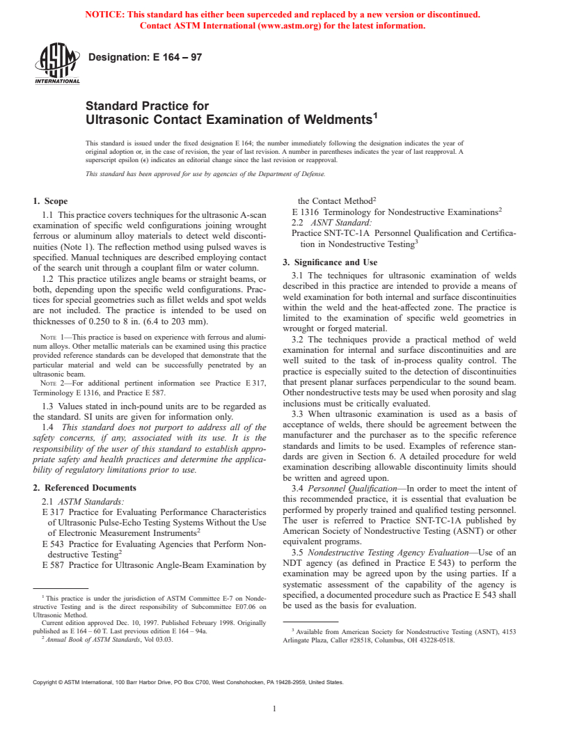 ASTM E164-97 - Standard Practice for Ultrasonic Contact Examination of Weldments