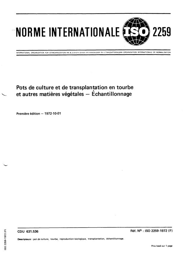 ISO 2259:1972 - Pots de culture et de transplantation en tourbe et autres matieres végétales -- Échantillonnage