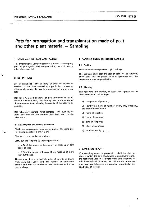 ISO 2259:1972 - Pots for propagation and transplantation made of peat and other plant material -- Sampling