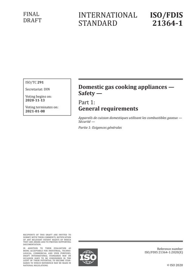 ISO/FDIS 21364-1:Version 14-nov-2020 - Domestic gas cooking appliances -- Safety