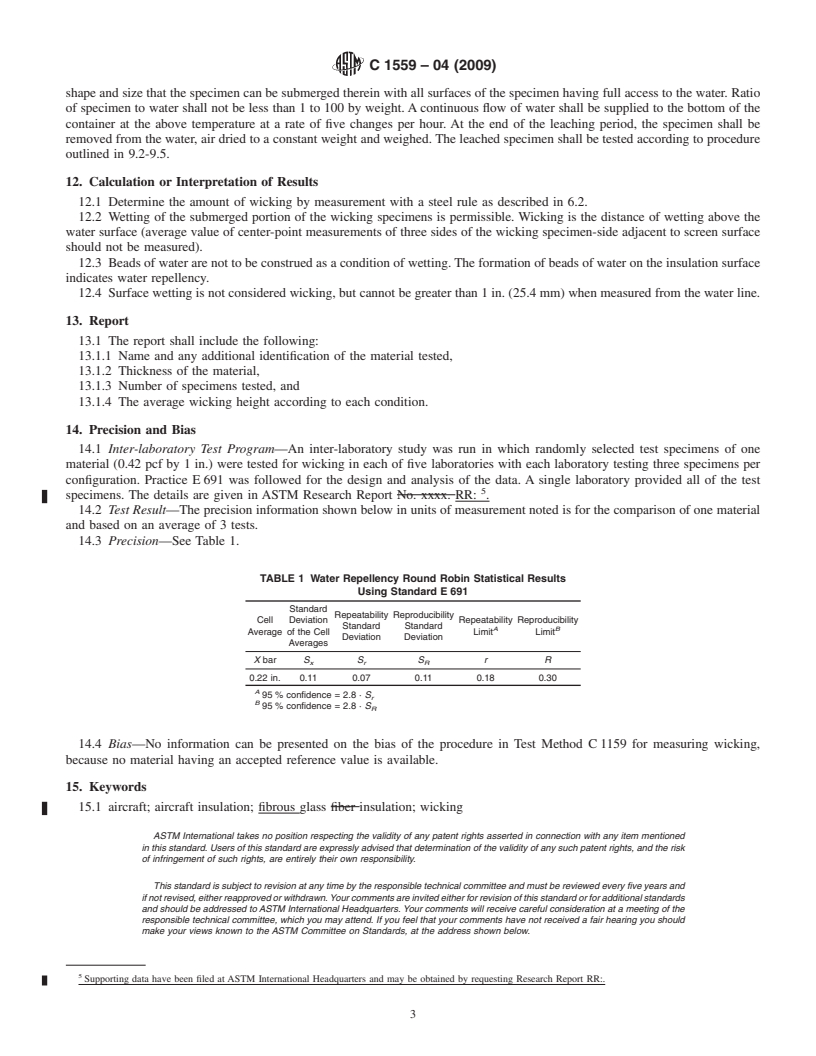 REDLINE ASTM C1559-04(2009) - Standard Test Method for Determining Wicking of Glass Fiber Blanket Insulation (Aircraft Type)