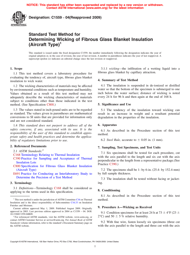 ASTM C1559-04(2009) - Standard Test Method for Determining Wicking of Glass Fiber Blanket Insulation (Aircraft Type)