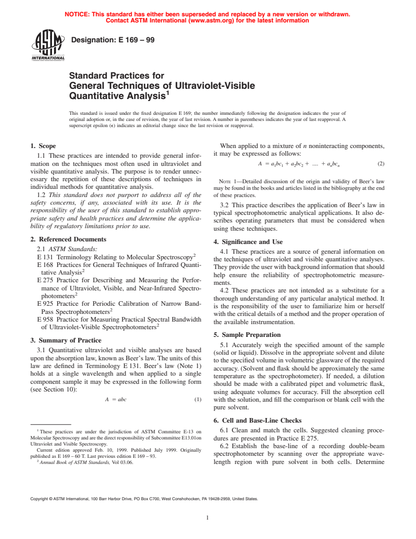 ASTM E169-99 - Standard Practices for General Techniques of Ultraviolet-Visible Quantitative Analysis