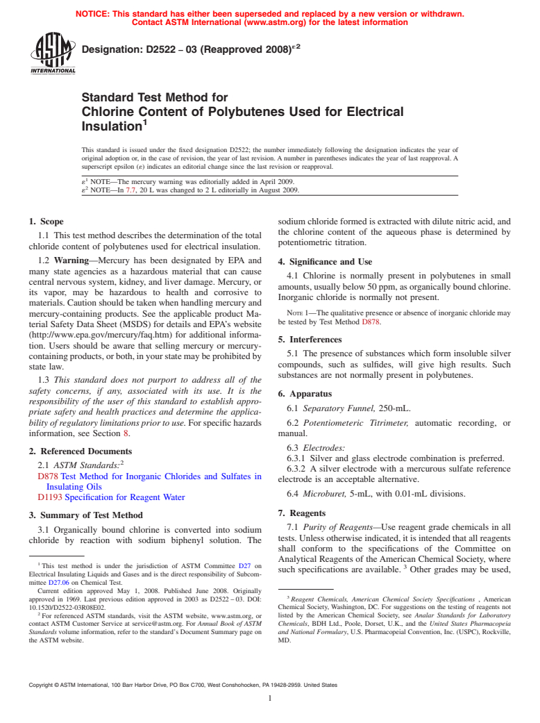 ASTM D2522-03(2008)e2 - Standard Test Method for  Chlorine Content of Polybutenes Used for Electrical Insulation (Withdrawn 2017)