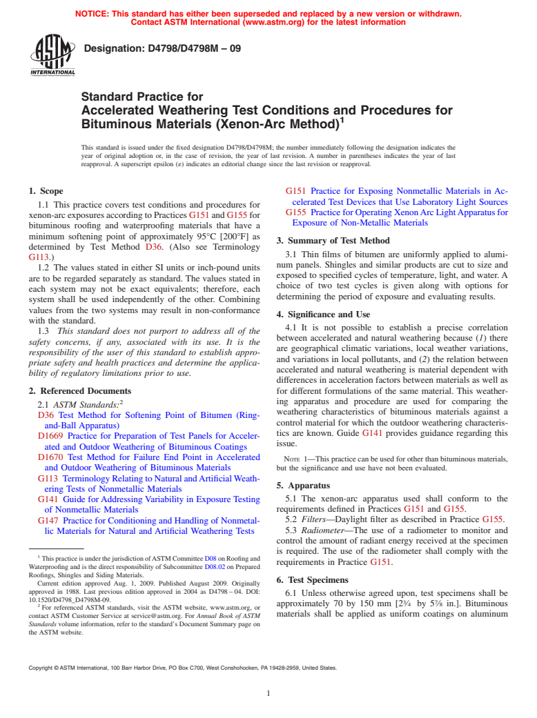 ASTM D4798/D4798M-09 - Standard Practice for Accelerated Weathering Test Conditions and Procedures for Bituminous Materials (Xenon-Arc Method)