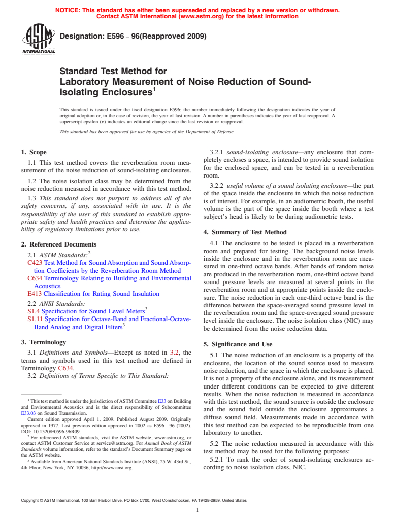 ASTM E596-96(2009) - Standard Test Method for Laboratory Measurement of Noise Reduction of Sound-Isolating Enclosures