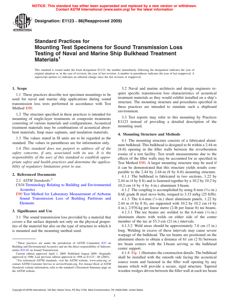 ASTM E1123-86(2009) - Standard Practices for Mounting Test Specimens for Sound Transmission Loss Testing of Naval and Marine Ship Bulkhead Treatment Materials