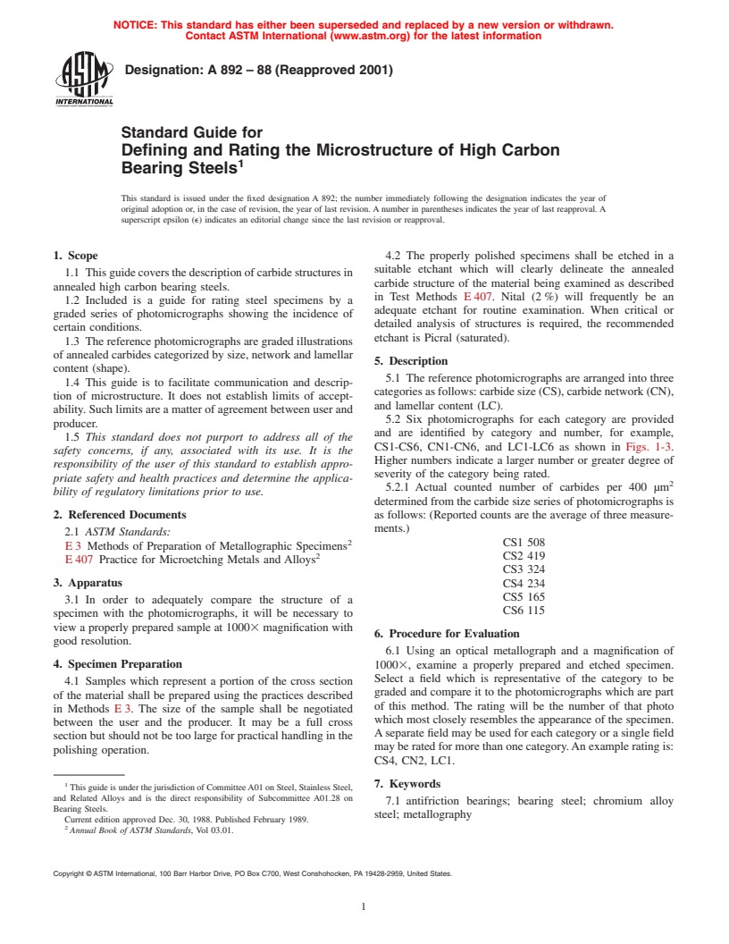 ASTM A892-88(2001) - Standard Guide for Defining and Rating the Microstructure of High Carbon Bearing Steels