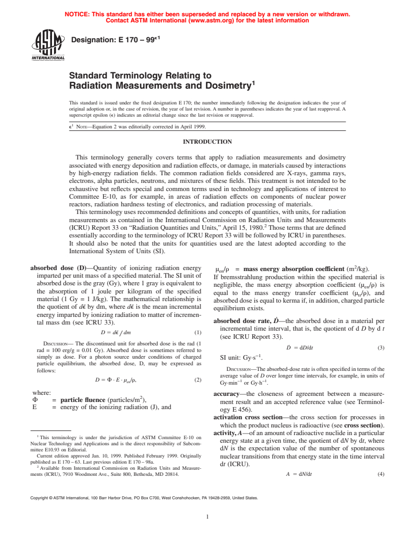 ASTM E170-99e1 - Standard Terminology Relating to Radiation Measurements and Dosimetry