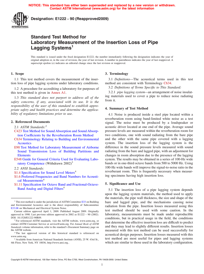 ASTM E1222-90(2009) - Standard Test Method for Laboratory Measurement of the Insertion Loss of Pipe Lagging Systems