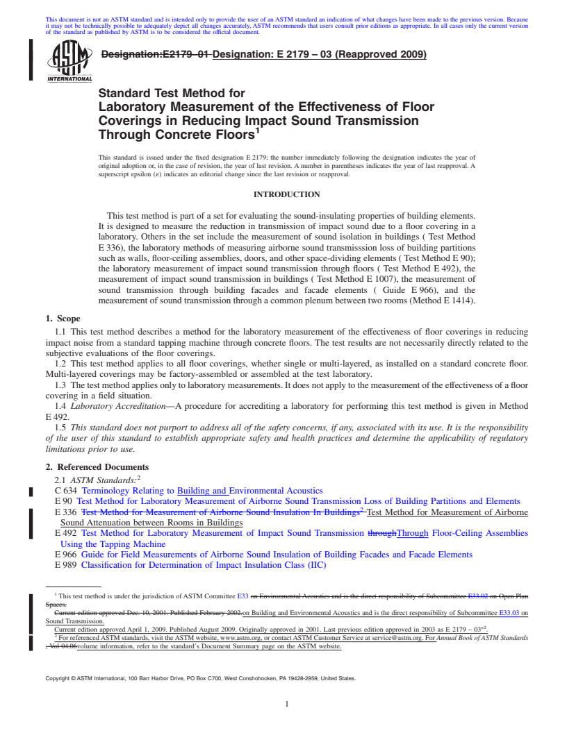 REDLINE ASTM E2179-03(2009) - Standard Test Method for Laboratory Measurement of the Effectiveness of Floor Coverings in Reducing Impact Sound Transmission Through Concrete Floors