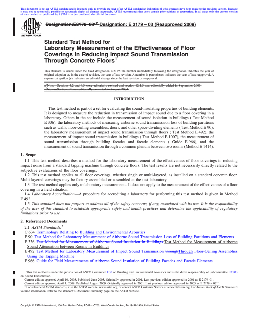 REDLINE ASTM E2179-03(2009) - Standard Test Method for Laboratory Measurement of the Effectiveness of Floor Coverings in Reducing Impact Sound Transmission Through Concrete Floors