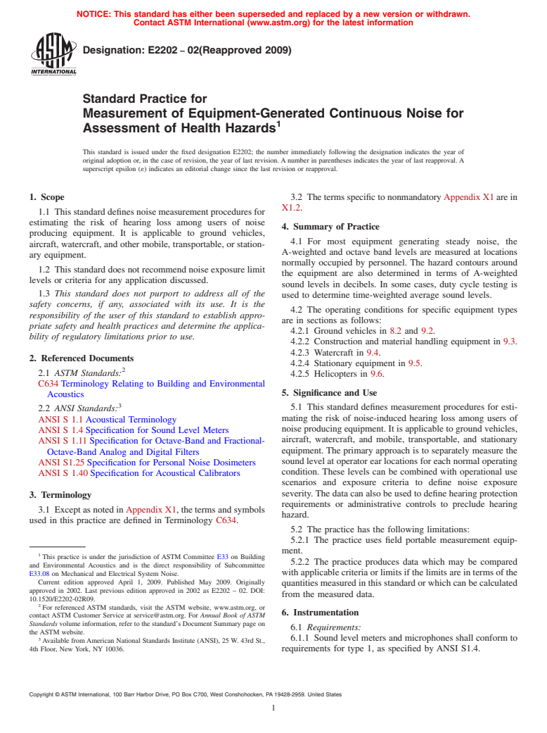 ASTM E2202-02(2009) - Standard Practice for Measurement of Equipment-Generated Continuous Noise for Assessment of Health Hazards