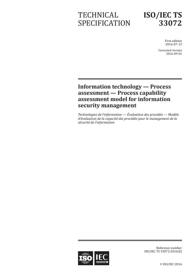 ISO/IEC TS 33072:2016 - Information technology -- Process assessment -- Process capability assessment model for information security management