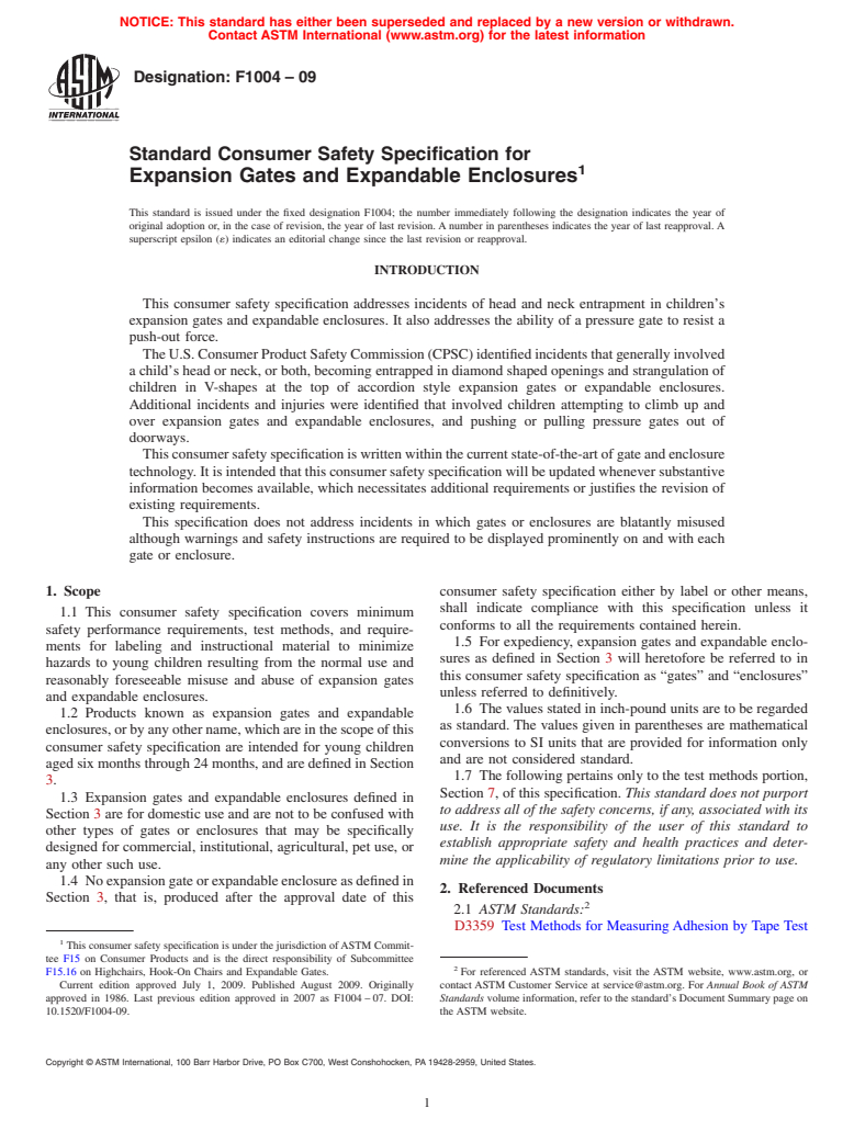 ASTM F1004-09 - Standard Consumer Safety Specification for Expansion Gates and Expandable Enclosures