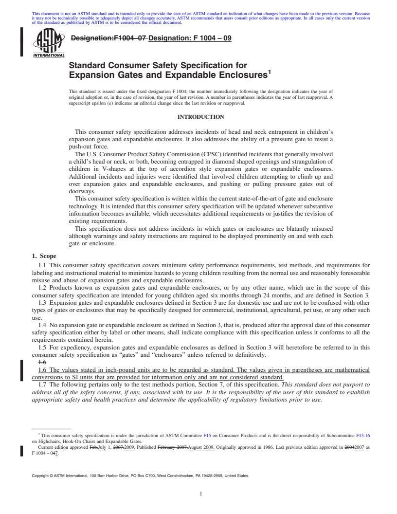 REDLINE ASTM F1004-09 - Standard Consumer Safety Specification for Expansion Gates and Expandable Enclosures