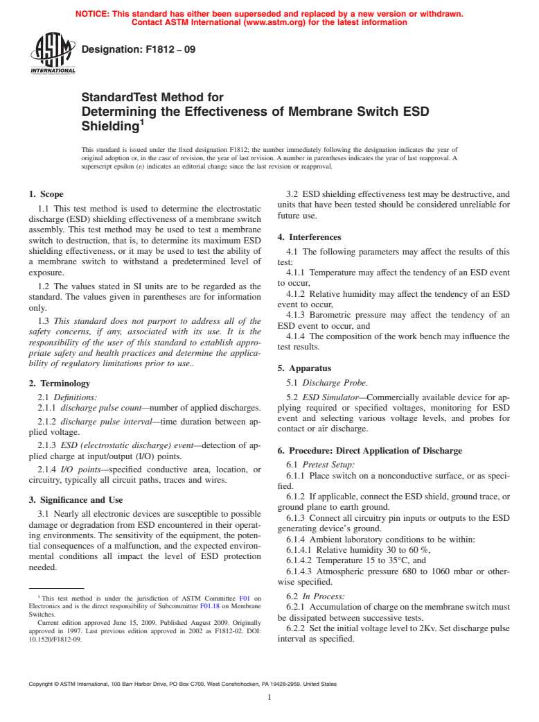 ASTM F1812-09 - Standard Test Method for Determining the Effectiveness of Membrane Switch ESD Shielding