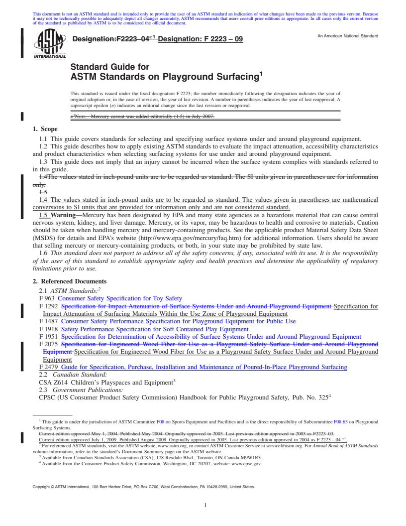 REDLINE ASTM F2223-09 - Standard Guide for ASTM Standards on Playground Surfacing