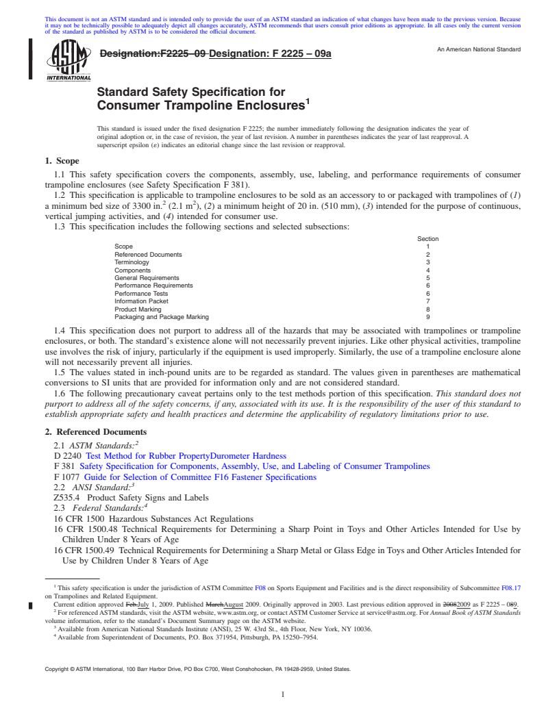 REDLINE ASTM F2225-09a - Standard Safety Specification for Consumer Trampoline Enclosures
