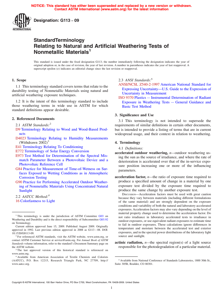 ASTM G113-09 - Standard Terminology Relating to Natural and Artificial Weathering Tests of Nonmetallic Materials