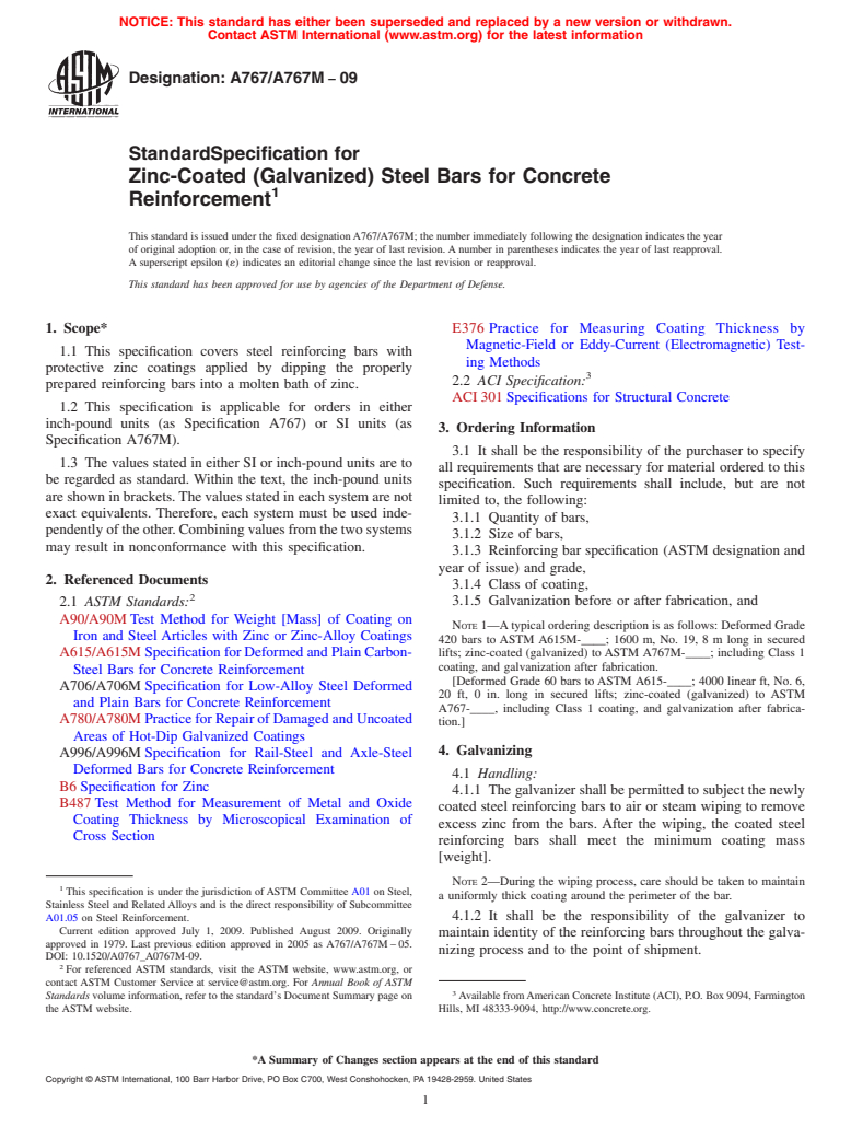 ASTM A767/A767M-09 - Standard Specification for Zinc-Coated (Galvanized) Steel Bars for Concrete Reinforcement
