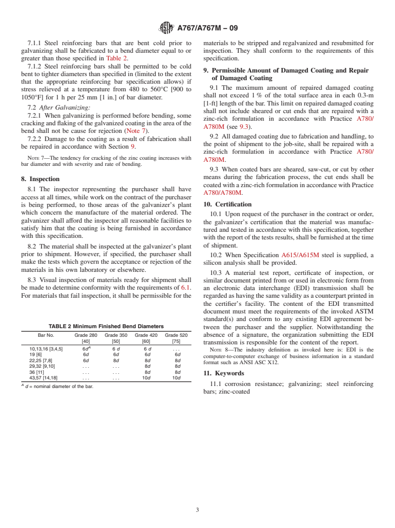 ASTM A767/A767M-09 - Standard Specification for Zinc-Coated (Galvanized) Steel Bars for Concrete Reinforcement