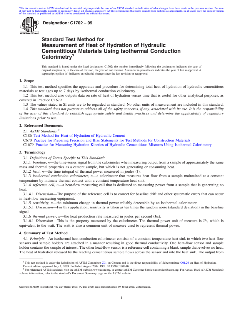 REDLINE ASTM C1702-09 - Standard Test Method for Measurement of Heat of Hydration of Hydraulic Cementitious Materials Using Isothermal Conduction Calorimetry