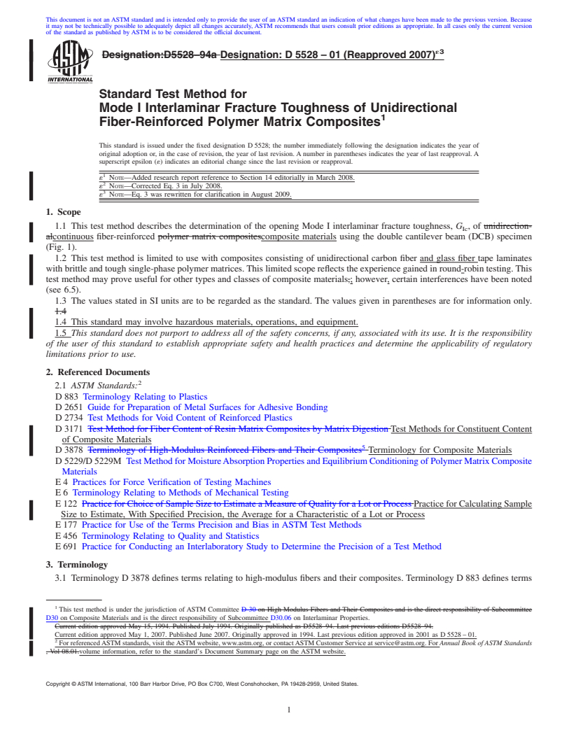 REDLINE ASTM D5528-01(2007)e3 - Standard Test Method for Mode I Interlaminar Fracture Toughness of Unidirectional Fiber-Reinforced Polymer Matrix Composites