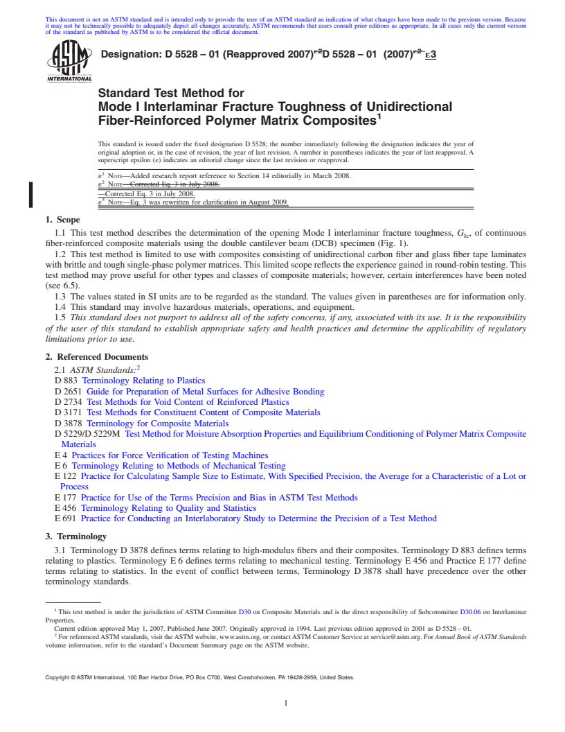 REDLINE ASTM D5528-01(2007)e3 - Standard Test Method for Mode I Interlaminar Fracture Toughness of Unidirectional Fiber-Reinforced Polymer Matrix Composites