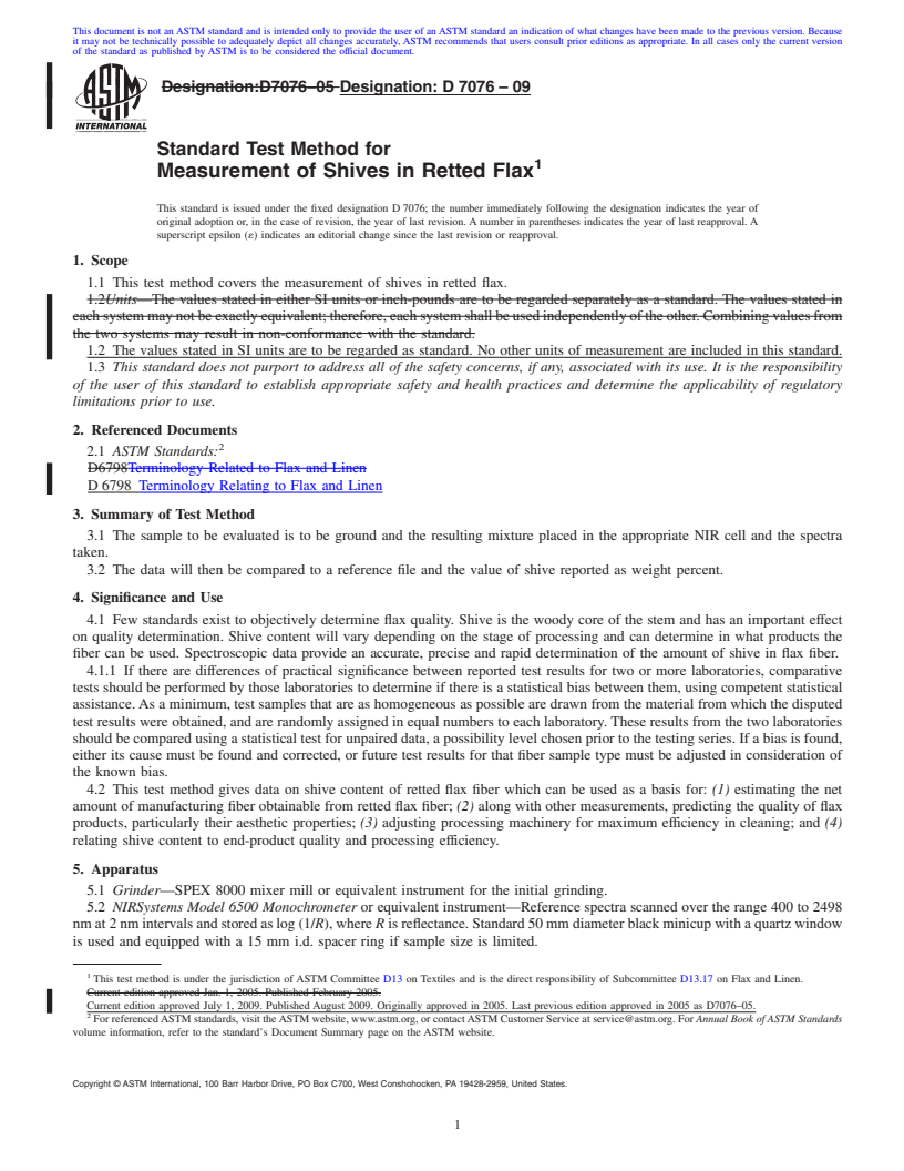 REDLINE ASTM D7076-09 - Standard Test Method for Measurement of Shives in Retted Flax