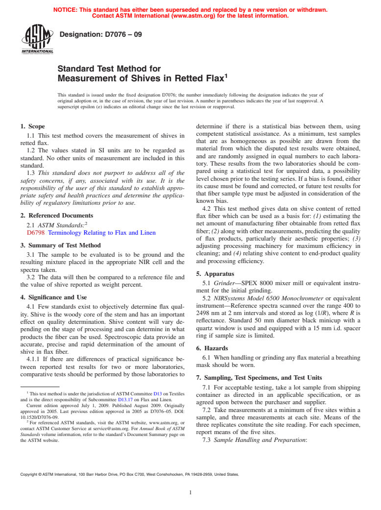 ASTM D7076-09 - Standard Test Method for Measurement of Shives in Retted Flax