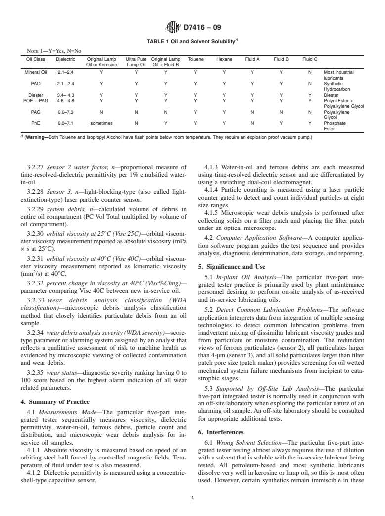 ASTM D7416-09 - Standard Practice for Analysis of In-Service Lubricants Using a Particular Five-Part (Dielectric  Permittivity, Time-Resolved Dielectric Permittivity with Switching Magnetic  Fields, Laser Particle Counter, Microscopic Debris Analysis, and Orbital Viscome