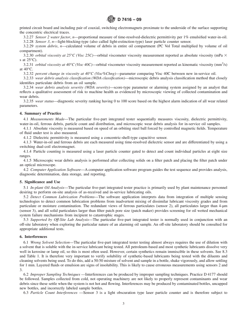 REDLINE ASTM D7416-09 - Standard Practice for Analysis of In-Service Lubricants Using a Particular Five-Part (Dielectric  Permittivity, Time-Resolved Dielectric Permittivity with Switching Magnetic  Fields, Laser Particle Counter, Microscopic Debris Analysis, and Orbital Viscome