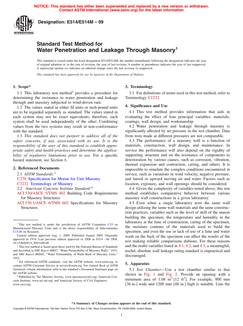 ASTM E514/E514M-09 - Standard Test Method for  Water Penetration and Leakage Through Masonry