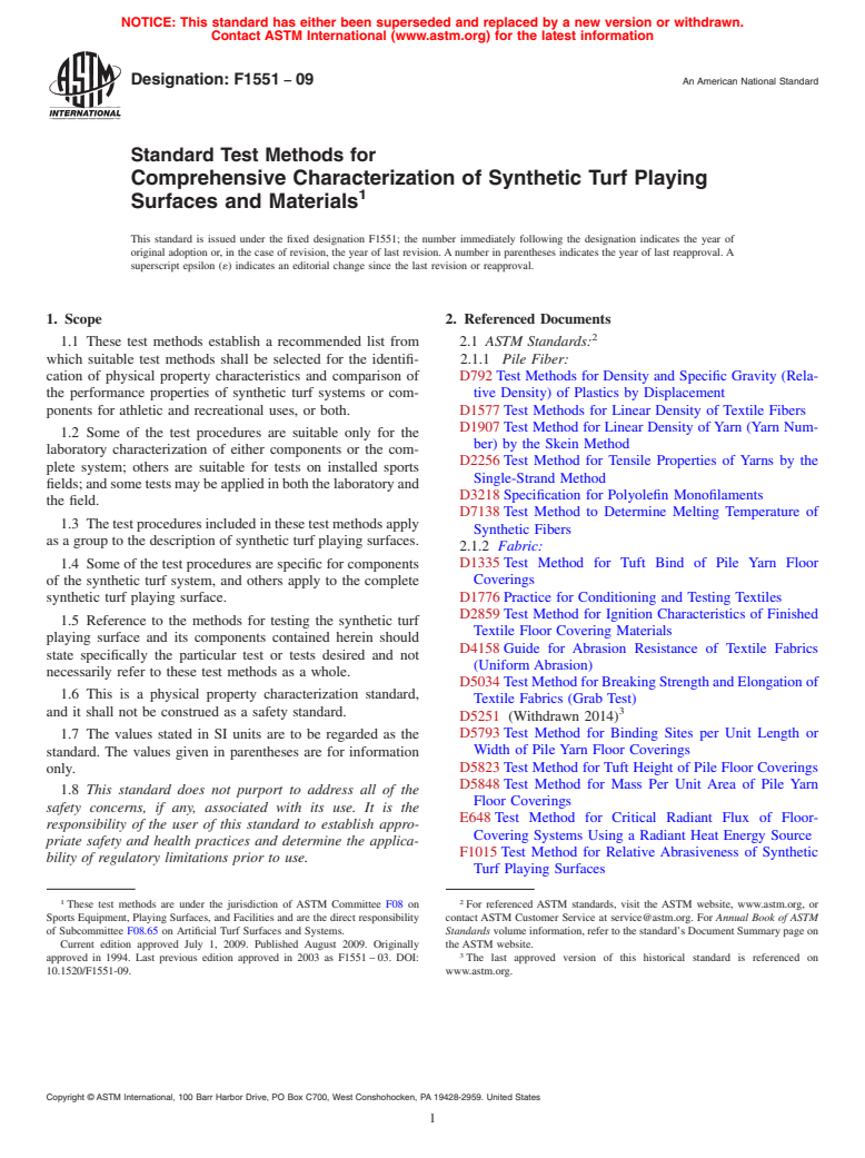 ASTM F1551-09 - Standard Test Methods for Comprehensive Characterization of Synthetic Turf Playing Surfaces and Materials