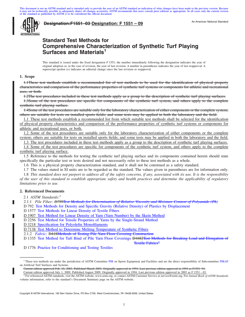 REDLINE ASTM F1551-09 - Standard Test Methods for Comprehensive Characterization of Synthetic Turf Playing Surfaces and Materials