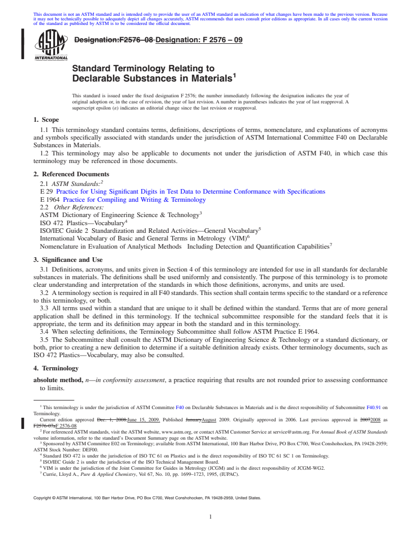REDLINE ASTM F2576-09 - Standard Terminology Relating to Declarable Substances in Materials