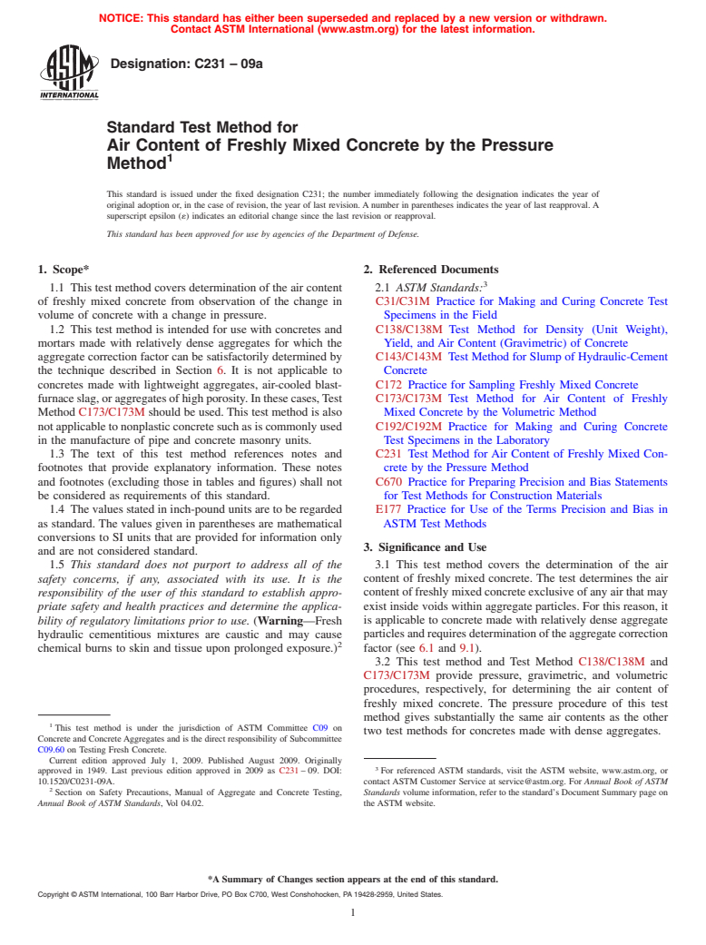 ASTM C231-09a - Standard Test Method for  Air Content of Freshly Mixed Concrete by the Pressure Method